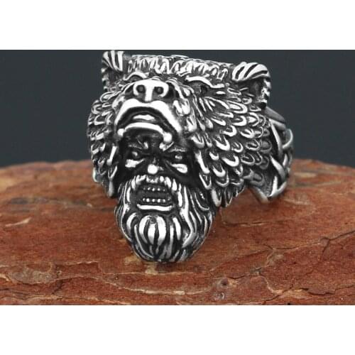 Nordic Viking Bear man amulet Worrior Amulet Stainless Steel Ring with Valknut Rune Gift Bag