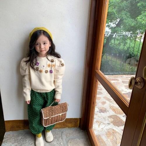Sweater 21 autumn and winter embroidery bubble sleeve sweater retro small fresh Korean girl Knitted Top kids clothes