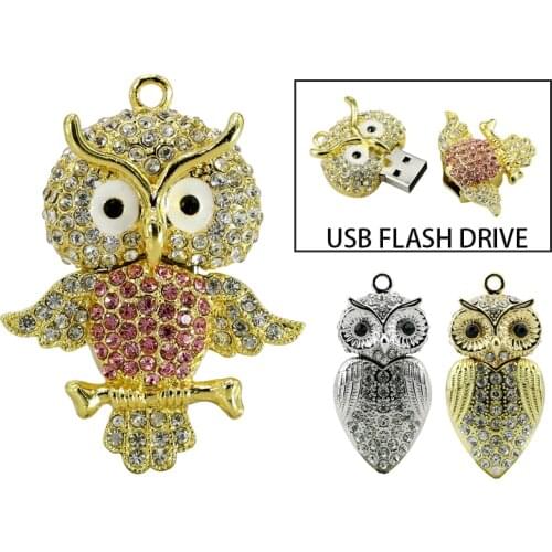 USB Flash Drive Diamond Metal Material Owl Necklace Cartoon USB 2.0 Flash Drive U Disk 8GB 16GB 32GB Flash Memory Stick PenDrive