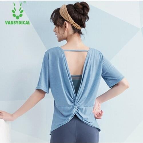 VANSYDICAL Running Shirt Women Loose Short Sleeve Open Back Top Solid Sports Wear for Women Gym Clothing Workout Shirt Women