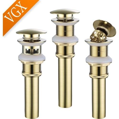 VGX Bathroom Basin Sink Pop Up Button Round Drain Waste Stopper Strainer Hotel Drainer Accessories Brass Brushed Golden D0002