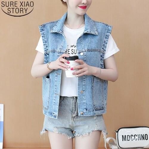 Casual Coat Sleeveless Vintage Cardigan Jeans Jacket Autumn Denim Vest Women Turn-down Collar Breasted Woman Clothing 15459