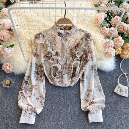 2021 New Style Chiffon Puff Sleeve Shirt Womens Spring Clothes Female Sweet Fungus Blusa Pressed Floral Bluose C219