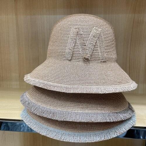New Summer Paper Fiber Straw Bucket Japanese Tassel M Letter Harajuku Wide Brim Panama Sun Hat For Women Beach Military Hat Cape