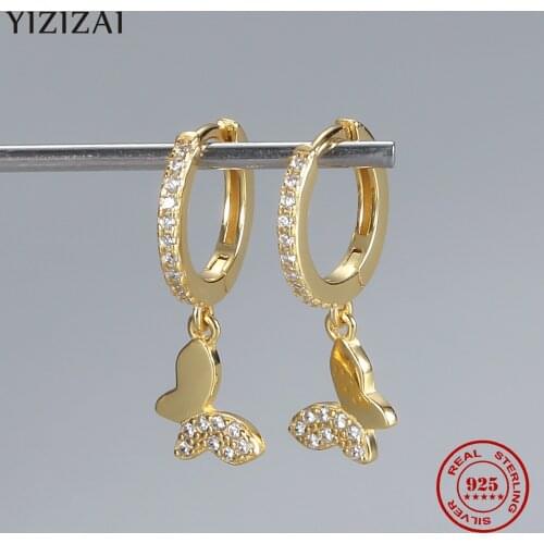 YIZIZAI Real 925 Sterling Silver Trendy Women Sweet Zircon Insect Butterfly Pendant Hoop Earrings Female Wedding Party Jewelry