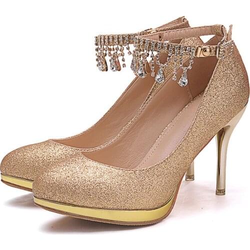 Summer Rhinestone Waterproof Platform Round Toe Stiletto High Heel Wedding Dress Small Size Large Size Womens Single Shoes