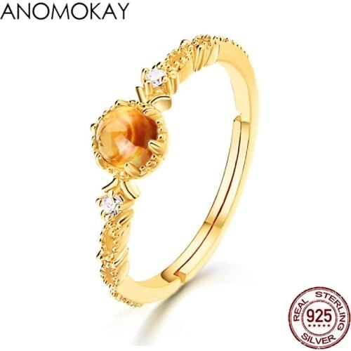 Anomokay New Arrival Luxury Yellow Garnet Hibiscus Crystal Rings Gold Color 100% Sterling 925 Silver Ring for Women Jewelry Gift