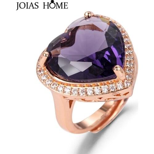 Joiashome Vintage Silver Women Ring With Amethyst Gemstone Heart Shaped Fashion Jewelry Rings Rose Gold Color Wedding Gift