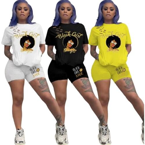 1L116 Summer Women Street Two Piece Set Top and Pants Tracksuit Active Round Print Neck hole T-shirt Sweatsuit Outfits