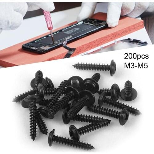 200Pcs M3-M5 Phillips Screws Self-tapping Complete Carbon Steel Black Cross Round-headed Screw Kit for Repairing Work