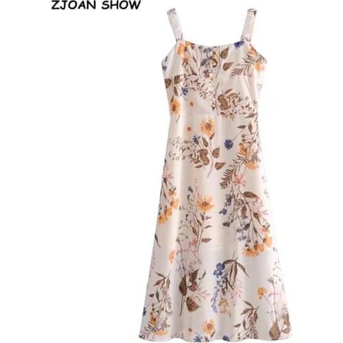 2020 French Women Dress Square Collar Floral Print Elastic Spaghetti Strap Mid-Calf Dresses Party Fashion Female Clothes