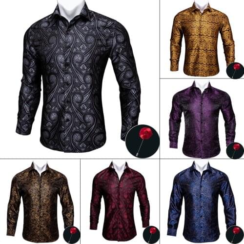 Barry.Wang Gold Blue Paisley Men Shirt Long Sleeve Slim Fit Floral Vintage Spring Autumn Casual Shopping Party Male