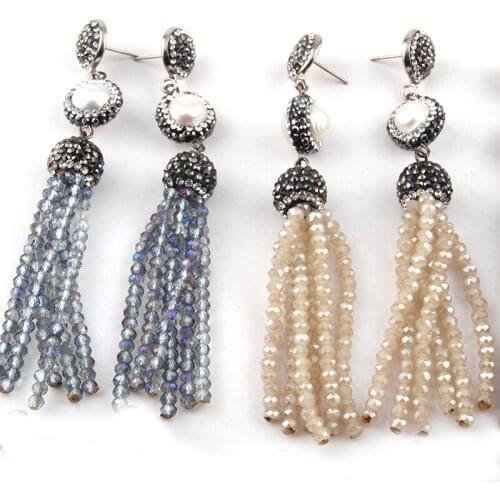 Free shipping Fashion Handmake Paved Pearl Link Glass Crystal Tassel Earring For Women