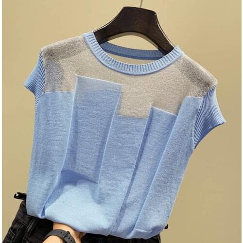 Blouse Women Blusas Mujer De Moda 2021 Verano O-neck Blue Knitted Blouse Shirt Short Sleeve Women Blouses Shirts Tops Blusa D482