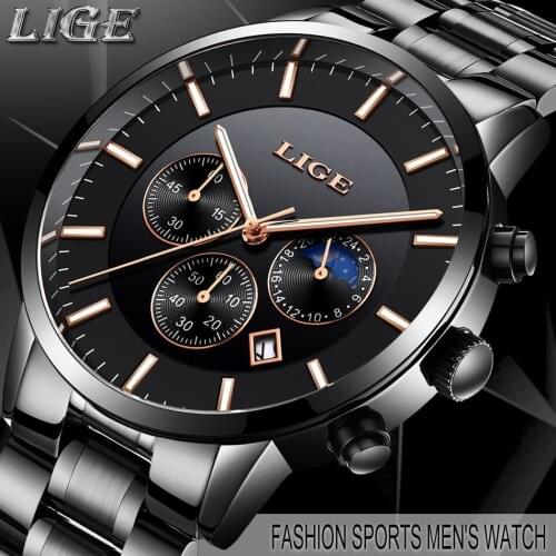 LIGE 9893 Luxury Mens Trend Leisure Waterproof Moon Phase Quartz Watch Fashion Business Sports Male Wristwatches Clock