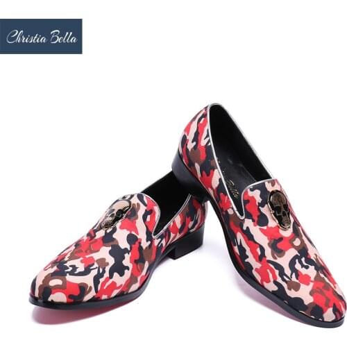 Christia Bella Camo Printed Dress Shoes Men Slip On Moccasin Summer Loafers Wedding Office Party Genuine Leather Zapatos Shoes