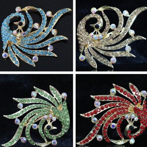 Colorful peacock brooch for women 59*77mm Austrian crystal rhinestone wedding party gift gold-color pins animal jewelry B1221