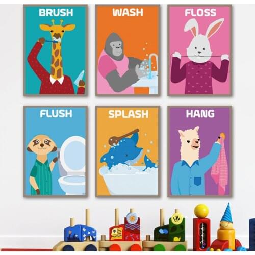 Kids Bathroom Rules Brush Wash Flush Floss Hang Nursery Wall Art Print Canvas Painting Nordic Poster Decor Pictures Baby Room