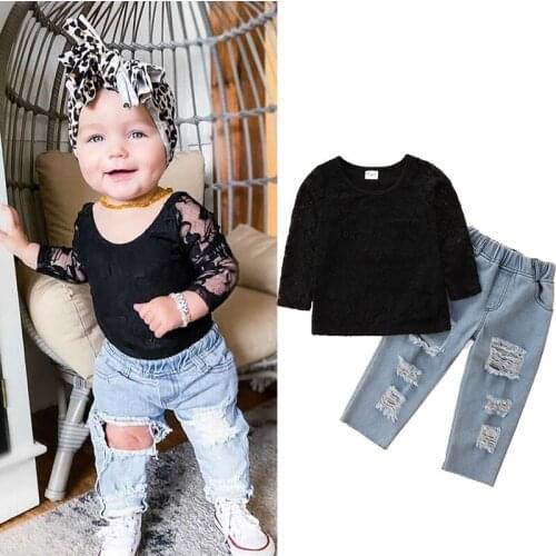 2Pcs Kids Autumn Tracksuit Girls Clothes Solid Color Lace Round-Neck Long Sleeves Tops + Ripped Jeans for Girls 1-6 Years