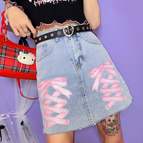 Exclusive original Japanese Y2K spice girl sweet bow ribbon denim skirt demin skirts