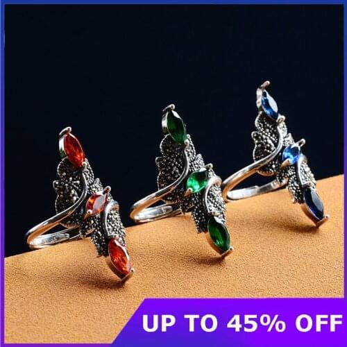 925 Silver Natural Red Green Blue Zircon Open Rings for Women Vintage Thai Silver Rhombus Wide Rings Thai Silver Jewelry Gifts