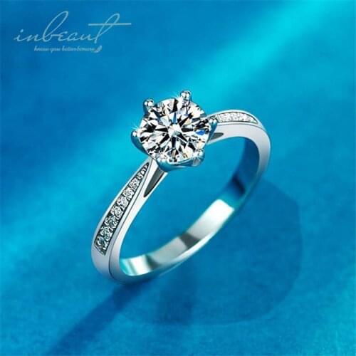 Inbeaut Claissc 1-2 ct D Color Pass Diamond Test Excellent Cut Moissanite 6 Prong Ring 925 Silver Moissanite Rings Women Jewelry