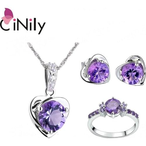 CiNily Classic Heart Jewelry Set Solid Silver Color Pendants & Stud Earrings & Rings LOVE Jewelry Birthday Gift