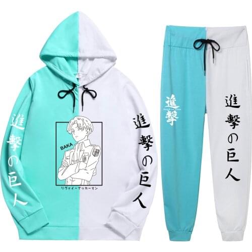 Autumn Summer 2 Pieces Sets Anime Attack on Titan Print Patchwork Thin Hoodie+Patchwork Pants New Fashion Senior Youth Sweatshir