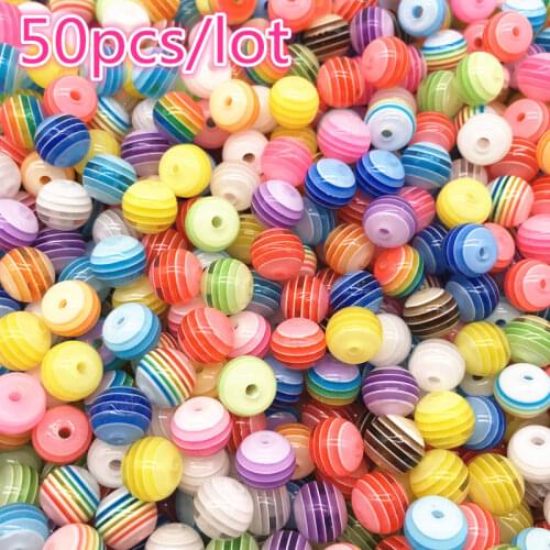 6/8MM 50pcs DIY Bracelet Accessories Children Handcraft Department Round Transparente Resin Stripe Beads for jewelry Findings