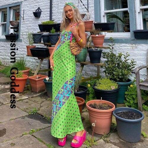 Summer Y2k Style Women Printed Sling Dress Sleeveless Backless Spaghetti Strap Maxi Dress Holiday Party Long Dress Prom Vestidos