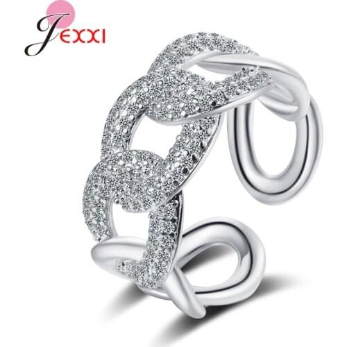 Hot Sale Trendy 100% 925 Sterling Silver Link Pattern Adjustable Finger Ring For Women Micro Crystal Paved Valentines Day Gift