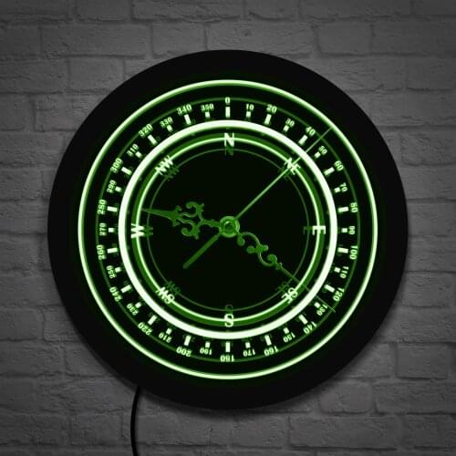 Nautical Compass LED Neon Sign Wall Clock Navy Round Compass Vintage Wind Rose Luminous Wall Light Watch Navigation Design Clock