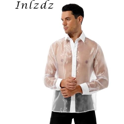 Mens Shiny See-through Organza Shirt Party Club Stage Performance Costume Turn-down Collar Long Sleeve Button Down Shirts Tops