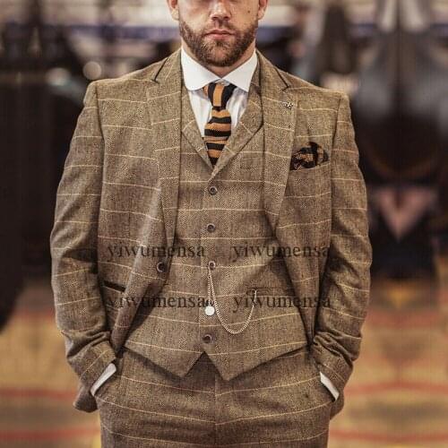 Winter Slim Fit Coat 3 Pieces Formal Mens Blazer Custom Made Peaked Lapel Wedding Suits Costume Homme Mariage Jacket+Vest+Pants