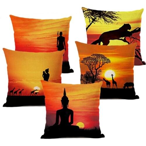 Sunset Africa Landscape People Animals Elephant Giraffe Scenic Home Art Decorative Throw Pillow Case Cotton Linen Cushion Covers