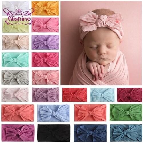 Nishine 15*9 CM Newborn Solid Color Elastic Wide Hairband Fashion Handmade Bowknot Baby Headband Kids Accessories Birthday Gifts
