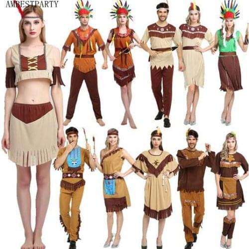 New 2017 Savage Pocahontas Adult Fancy Dress Halloween Cosplay Costume Aboriginals Costume Primal Hunter Clothing AMBESTPARTY