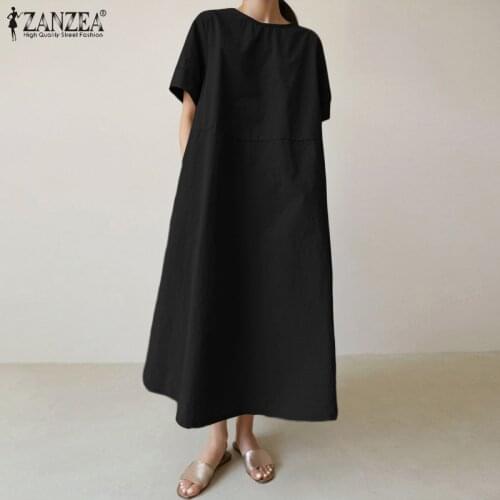 ZANZEA Women Solid Color A-Line Dresses O-Neck Streetwear Short-Sleeve Robe Elegant Pockets Leisure Vestido Femme Chic Sundress