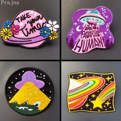Prajna Space Planet Pattern Embroidery Patches Iron On Patches Jeans Sew On Cartoon Patch Stripes Thermo Stickers On Clothes