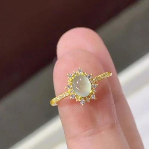 Original new silver diamond natural chalcedony egg round opening adjustable ring elegant charm creative retro silver jeweler