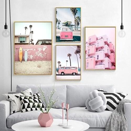 Pink Ins Style Small Fresh Nordic Canvas Painting Swan Rose Beach Landscape Poster Wall Art Pictures for Bedroom Living Room