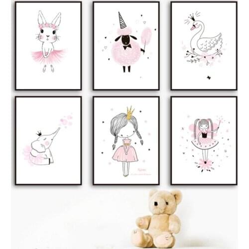 Pink Castle Little Princess Swan Carriage Nordic Posters And Prints Wall Art Canvas Painting Cartoon Wall Pictures For Kids Room