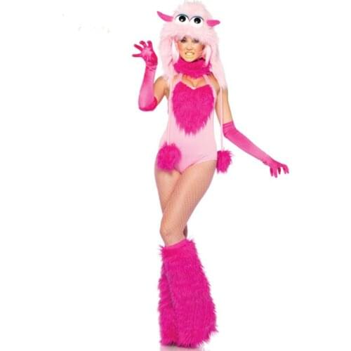 Lovely Cotton Candy Furry Monster Costume Adult Rose Novelty Halloween Costume For Women Sexy Disfraces Adultos W408560