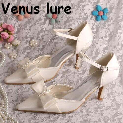 Custom Handmade Mid Heel Ivory Bow Shoes for Wedding Pumps Mary Janes