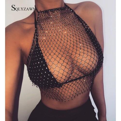 Womens Fishnet Rhinestone Crop Top 2019 Summer Sexy Mesh High Elastic Black White Shirt Net See Through Rave Diamond Tank Top