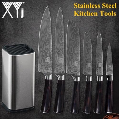 XYj Chef Kitchen Tool Knives Set Stainless Steel Sharp Blade Damascus Pattern Veins Blade Meat Fish Knife Storage Box Holder