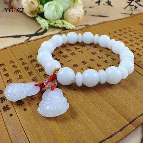 YGLCJ 1PCS White Buddha Bodhisattva Pendant with White Pearl Elastic Band Lucky Bracelet China Oriental Jewelry Adjustable