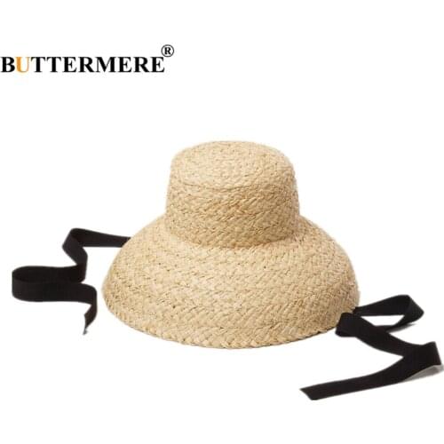 BUTTERMERE Vintage Raffia Womens Sun Hat Self Tie Wide Brim Spring Summer Hat Travel Beach Sun Visor Designer Brand Straw Hat