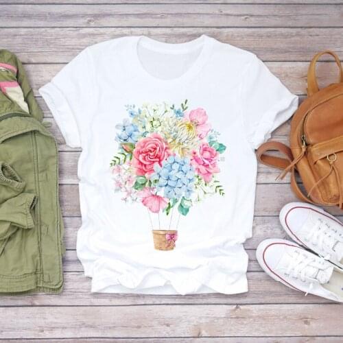 Womens T-shirts Short Sleeve Flower Fashion Female Tops 90s Cute Floral Women Print Ladies Tee Shirt Graphic Ladies Tee T-Shirts