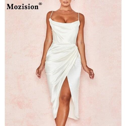 Mozision Sleeveless Ruched Irregular Midi Dress Womens Stretch Satin Backless Sexy Party Clubwear Women Outfit Corset Dress